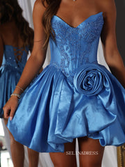 Stunning Blue Strapless Cocktail Dress with Intricate Beaded Bodice and Floral Accent COK049|Selinadress