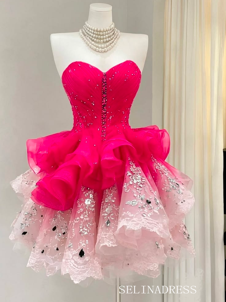 Stunning Hot Pink Ball Gown Mini Dress with Sequined Lace Layers cok087|Selinadress