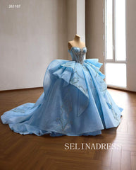 Stunning Ice Blue Ball Gown with Intricate Beaded Embellishments and Dramatic Ruffled Skirt 261107|Selinadress