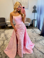 Stunning Pink Mermaid Gown with Intricate Lace Detailing and a Dramatic Train COK044|Selinadress