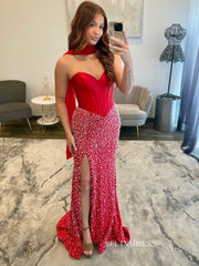 Stunning Red Mermaid Gown with Pearlescent Beading, High Slit, and Sheer Cape Back COK042|Selinadress