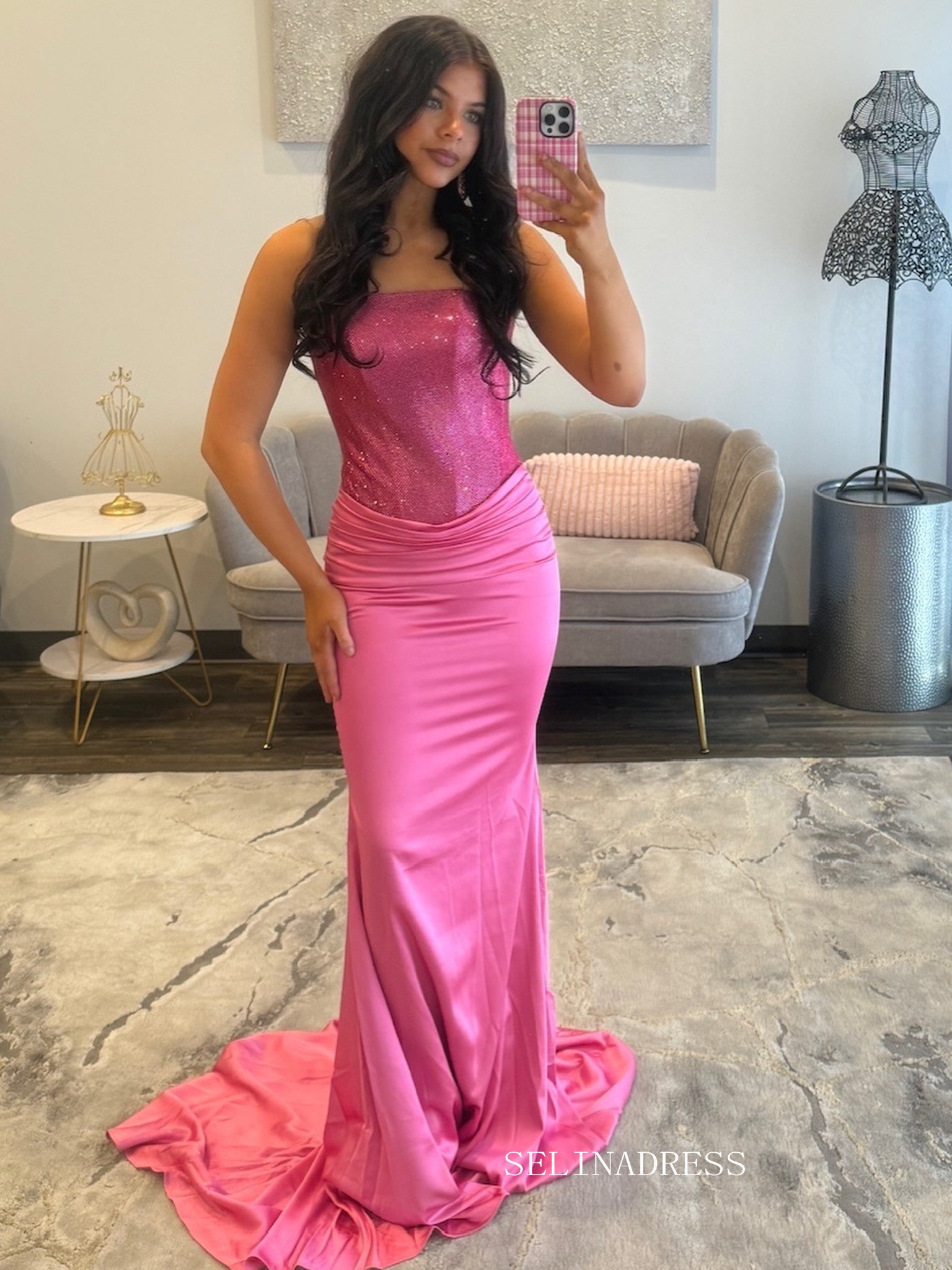 Stunning Strapless Hot Pink Mermaid Gown with Sequined Bodice and Dramatic Train COK041|Selinadress