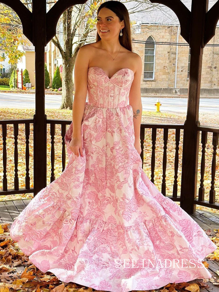Sweetheart A-line Pink Floral Long Prom Dress Evening Dress sew0617|Selinadress