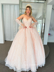Sweetheart Beaded Pearl Pink Ball Gown Princess Formal Gowns Evening Dress With Detachable Sleeves sew1090