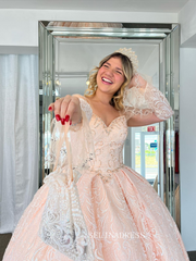 Sweetheart Beaded Pearl Pink Ball Gown Princess Formal Gowns Evening Dress With Detachable Sleeves sew1090