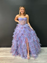 Sweetheart Floral Printed Tiered Lilac Ball Gown Evening Dress Long Prom Dress sew1075|Selinadress