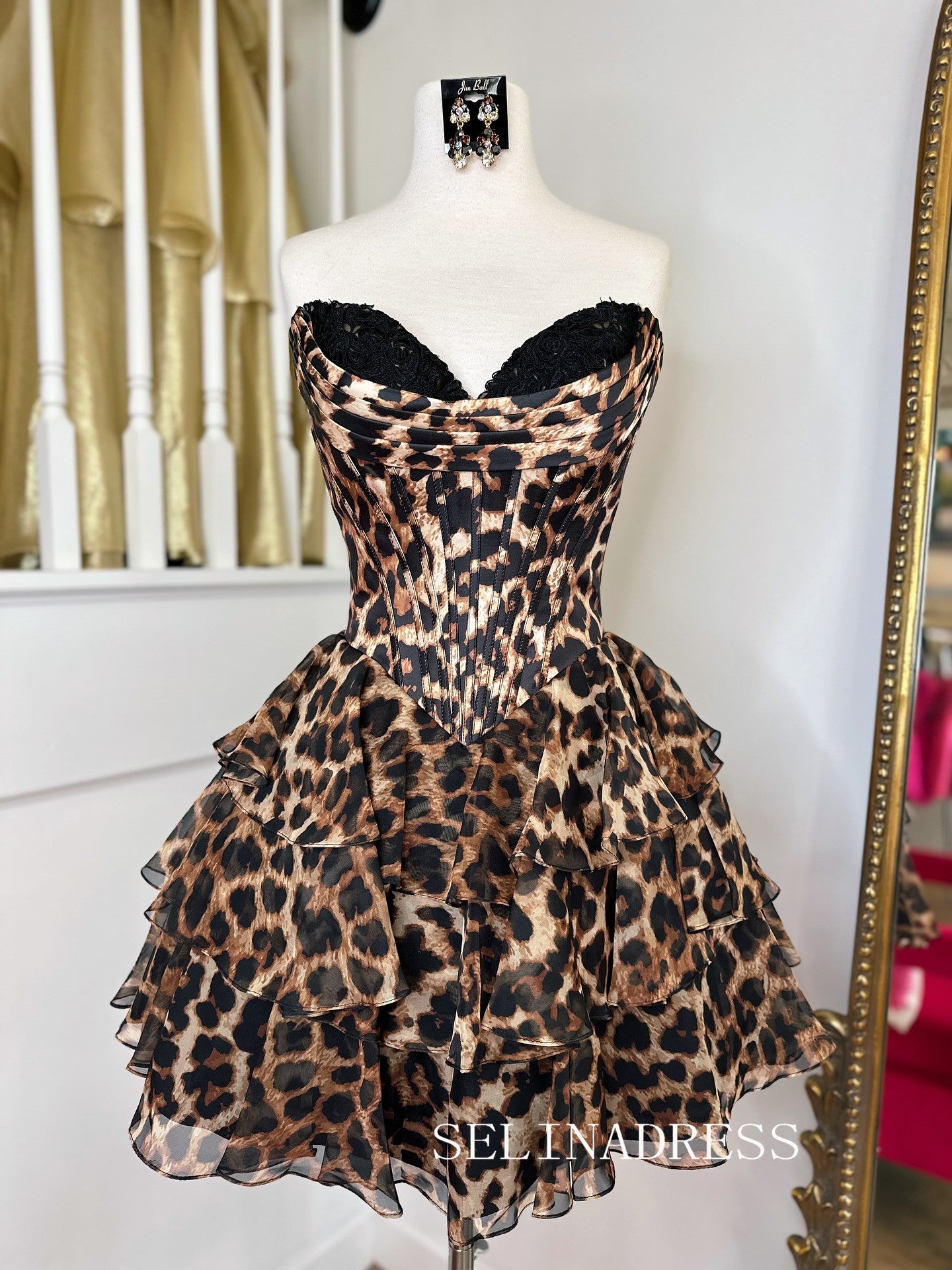 Sweetheart Leopard print A Line Tiered Short Homecoming Dress #SEA239|Selinadress