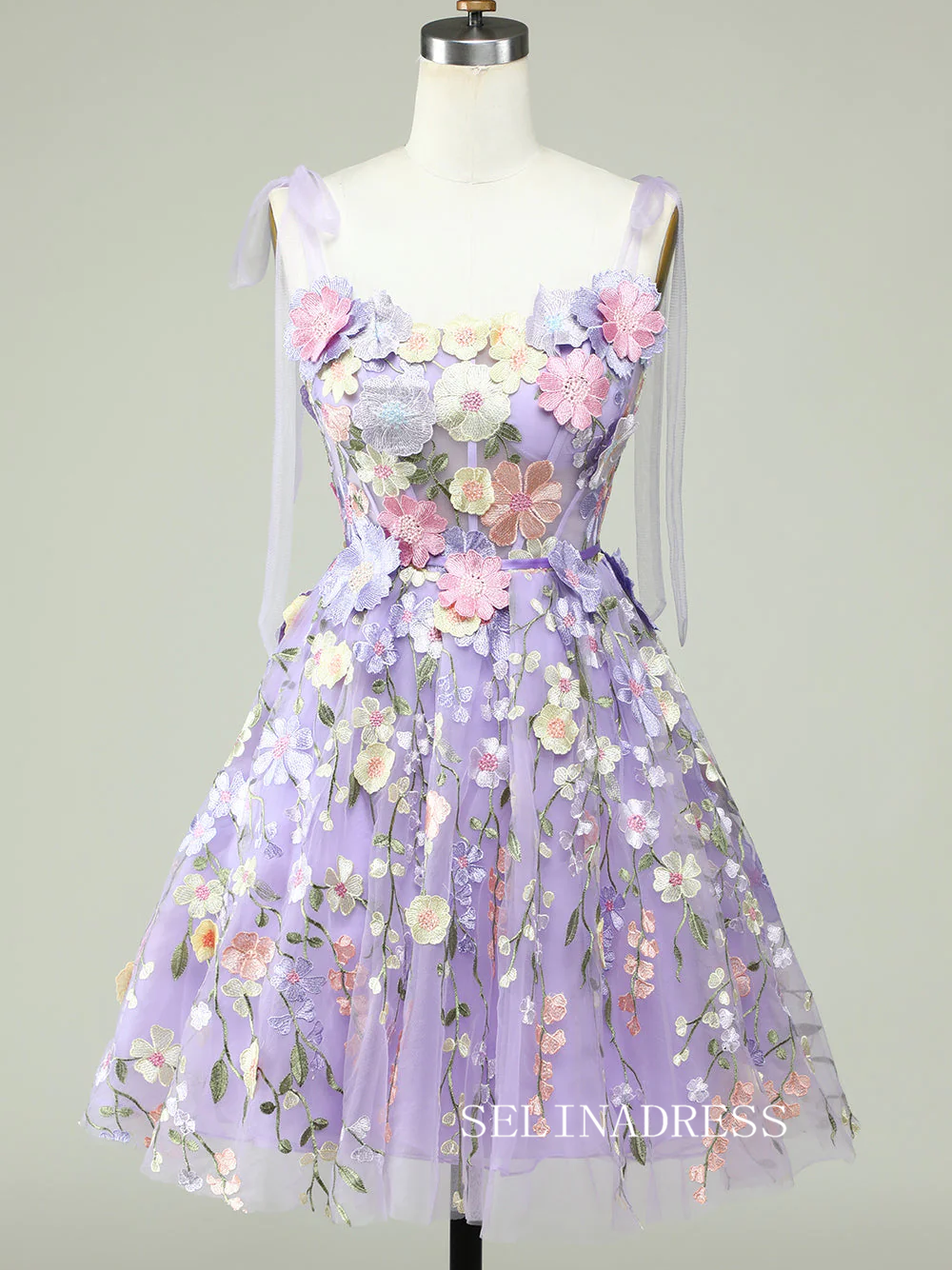 Tie Straps Lavender Embroidery Floral Homecoming Dresses Short Party Dress SEA001|Selinadress