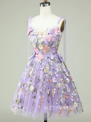 Tie Straps Lavender Embroidery Floral Homecoming Dresses Short Party Dress SEA001|Selinadress