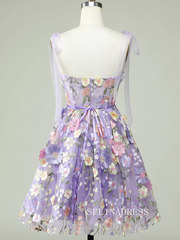 Tie Straps Lavender Embroidery Floral Homecoming Dresses Short Party Dress SEA001|Selinadress