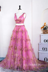 Two-Piece A-line Pink Ruffled Floral Long Prom Dress lps031|Selinadress