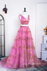 Two-Piece A-line Pink Ruffled Floral Long Prom Dress lps031|Selinadress