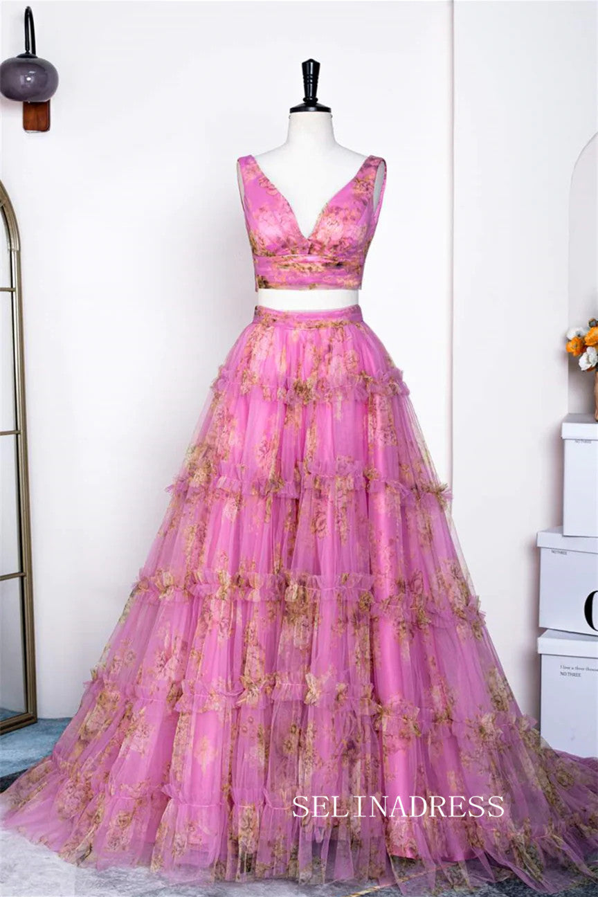 Two-Piece A-line Pink Ruffled Floral Long Prom Dress lps031|Selinadress