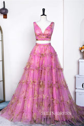 Two-Piece A-line Pink Ruffled Floral Long Prom Dress lps031|Selinadress