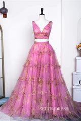 Two-Piece A-line Pink Ruffled Floral Long Prom Dress lps031|Selinadress
