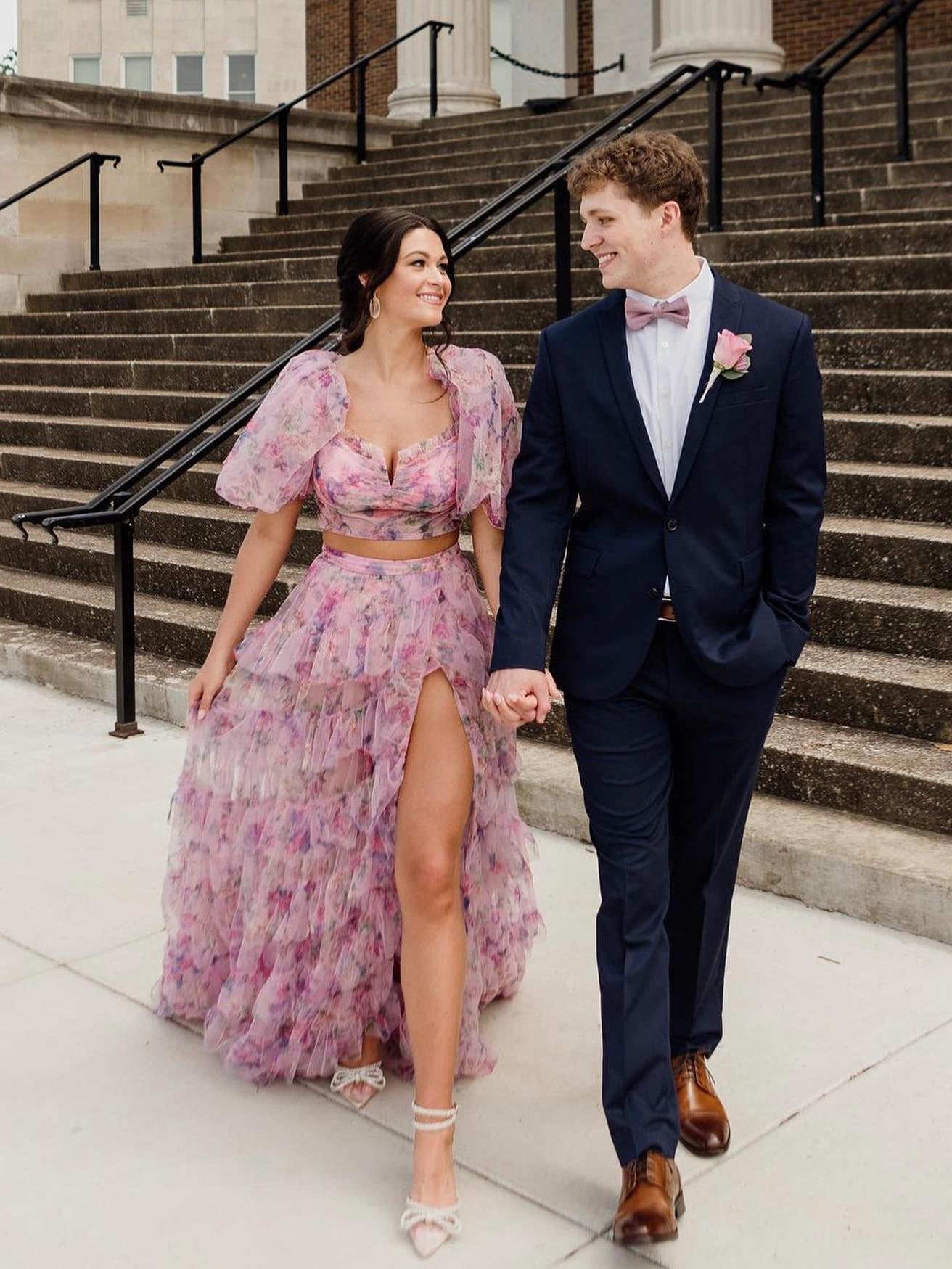 Two Pieces A-line Charming Floral Long Prom Dress Elegant Cheap Evening Gowns SLD004|Selinadress