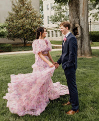 Two Pieces A-line Charming Floral Long Prom Dress Elegant Cheap Evening Gowns SLD004|Selinadress