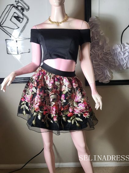 Two Pieces Floral Homecoming Dress Satin Short Prom Dress EWR415|Selinadress