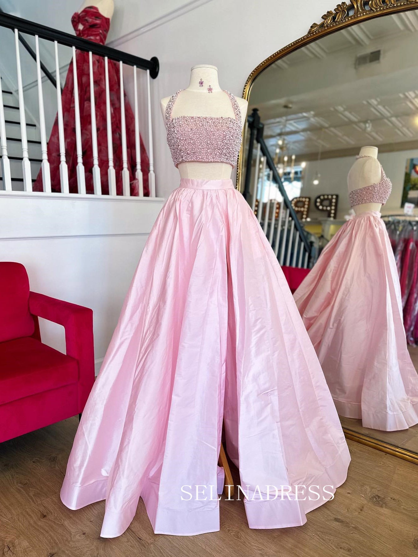Two Pieces Pink Beaded Prom Dress Long Evening Dresses SEW1204|Selinadress