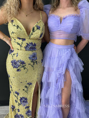 Two Pieces Tulle Prom Dresse Long Ball Gown with Puffy Sleeves for Teens Girls High Slit Fromal Evening Gowns sew1076|Selinadress