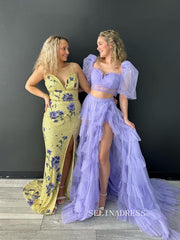 Two Pieces Tulle Prom Dresse Long Ball Gown with Puffy Sleeves for Teens Girls High Slit Fromal Evening Gowns sew1076|Selinadress