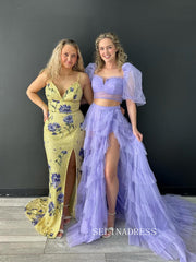 Two Pieces Tulle Prom Dresse Long Ball Gown with Puffy Sleeves for Teens Girls High Slit Fromal Evening Gowns sew1076|Selinadress