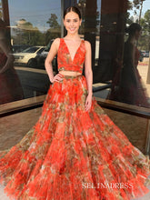 Two Pieces V neck Pink Floral Evening Dress Long Prom Dress sew0613|Selinadress