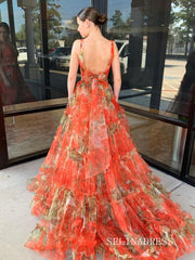 Two Pieces V neck Pink Floral Evening Dress Long Prom Dress sew0613|Selinadress