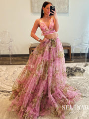 Two Pieces V neck Pink Floral Evening Dress Long Prom Dress sew0613|Selinadress