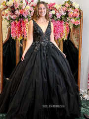 V-neck Orange Tulle Lace Applique Ball Gown Long Prom Dress sew1032|Selinadress