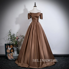Vintage Brown Satin Prom Dresses Ball Gown Off-The-Shoulder Short Sleeve LET022|Selinadress