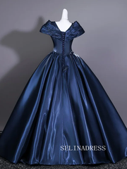 Vintage Navy Blue Satin Prom Dresses V-Neck Short Sleeve Long Ball Gown LET028|Selinadress