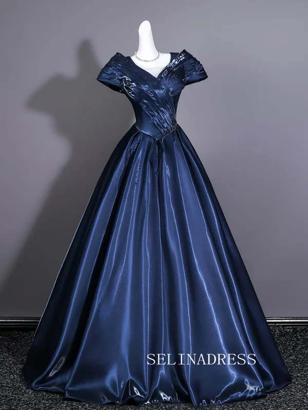Vintage Navy Blue Satin Prom Dresses V-Neck Short Sleeve Long Ball Gown LET028|Selinadress