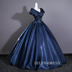 Vintage Navy Blue Satin Prom Dresses V-Neck Short Sleeve Long Ball Gown LET028|Selinadress
