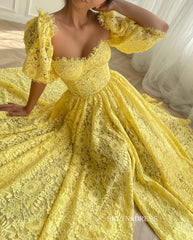 Vintage Puff Sleeves Ankle-length Formal Gown Cheap Lace Prom Dress sea069|Selinadress