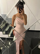 Cute Pink One Shoulder Red Satin Long Prom Dress With Silt lpk800|Selinadress