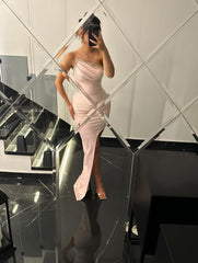 Cute Pink One Shoulder Red Satin Long Prom Dress With Silt lpk800|Selinadress