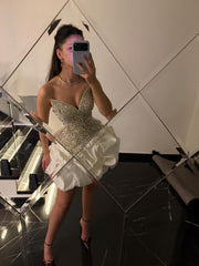 Strapless V neck Short Prom Dress Homecoming Dress With Rhinestone #TKL679