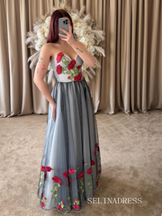 Wednesday Rose Embroidered Wedding Dress Black Tulle Overlay Romantic Floral Corset Gown TKL812|Selinadress