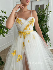 White A-line Straps Long Prom Dresses Gown With Slit TUN006|Selinadress