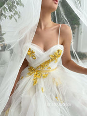 White A-line Straps Long Prom Dresses Gown With Slit TUN006|Selinadress