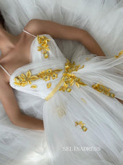 White A-line Straps Long Prom Dresses Gown With Slit TUN006|Selinadress