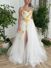 White A-line Straps Long Prom Dresses Gown With Slit TUN006|Selinadress