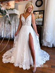 White Applique V neck Wedding Dresses With Split Cheap Bridal Gowns EWR460|Selinadress