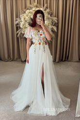 White Colorful Flowers Wedding Dress With Flutter Sleeves Sheer Corset Bodice, Slit TKL808|Selinadress