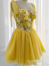 Yellow Floral Homecoming Dress A-line Straps Tulle Short Prom Dress EWR403|Selinadress