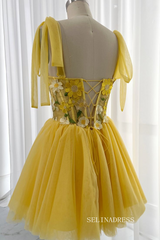 Yellow Floral Homecoming Dress A-line Straps Tulle Short Prom Dress EWR403|Selinadress
