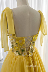 Yellow Floral Homecoming Dress A-line Straps Tulle Short Prom Dress EWR403|Selinadress
