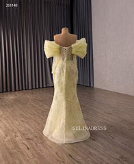 Yellow Pageant Beaded Puff Sleeve Overskirt Gown Beaded Wedding Dresses 251140|Selinadress