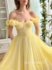 Yellow Short Wedding Dress Tea Length Tulle Prom Dresses Princess Evening Gowns EWR310|Selinadress